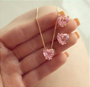 Conjunto Coração Cristal Safira Rosa Dourado