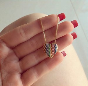 Corrente Coração “Gordinho” com Micro Zircônias Colorida Dourado