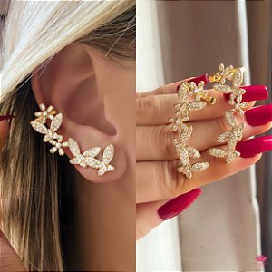 Brinco Ear Cuff Mil Borboletas de Zircônias Diamond Dourado