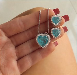 Conjunto Coração Pedra Fusion Azul Turquesa com Zircônias Diamond Ródio Branco