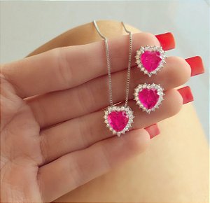 Conjunto Coração Pedra Fusion Rosa Fúcsia e Zircônias Diamond Ródio Branco