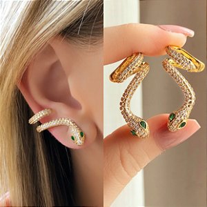 Brinco Ear Cuff Cobra com Mil Zircônias Diamond e Verde Esmeralda Dourado