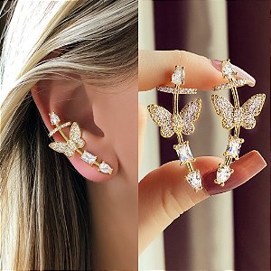 Brinco Ear Cuff Borboleta com Zircônias e Cristais Diamond Dourado