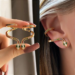 Brinco Ear Cuff Cobra (Pontuda) com Mil Zircônias Colorida e Diamond Dourado