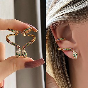 Brinco Ear Cuff Cobra (Arredondada) com Mil Zircônias Colorida e Diamond Dourado