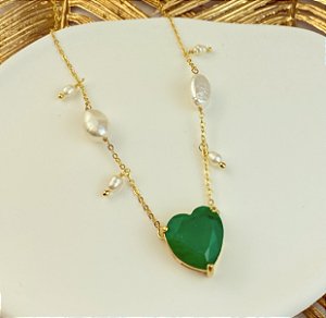 Corrente Coração Pedra Fusion Verde com Pérolas Naturais de Água Doce Dourado