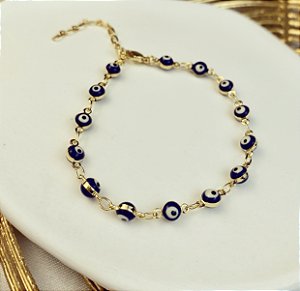 Pulseira Olho Grego Azul Marinho Esmaltado Dourado