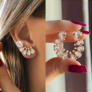 Brinco Ear Cuff Maxi Gotas de Zircônias Diamond Dourado