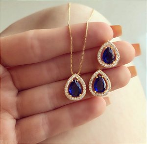 Conjunto Gota Delicado Cristal Azul Marinho e Zircônias Diamond Dourado