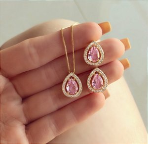 Conjunto Gota Delicado Cristal Safira Rosa e Zircônias Diamond Dourado
