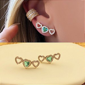 Brinco Ear Cuff Corações de Micro Zircônias Diamond e Cristal Verde Claro Dourado