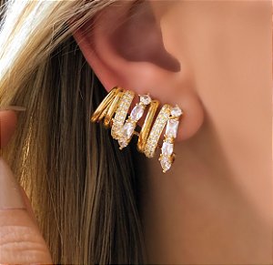 Brinco Ear Cuff Grosso Argolas com Zircônias Diamond Dourado