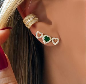 Brinco Ear Cuff Corações de Micro Zircônias Diamond e Cristal Verde Escuro Dourado