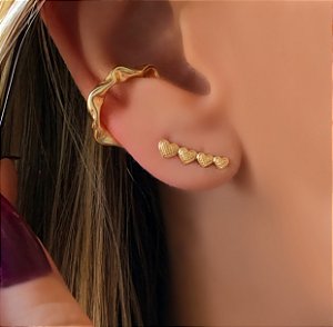 Brinco Mini Ear Cuff Corações Dourado