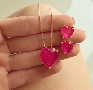 Conjunto Coração Pedra Fusion Rosa Pink Dourado
