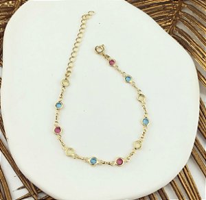 Pulseira Bolinhas de Cristais Colorido Pequeno Dourado