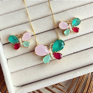 Conjunto Borboleta com Cristal Leitoso Colorido e Zircônias Diamond Dourado
