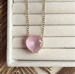 Corrente Grumet com Coração Grande de Cristal Leitoso Safira Rosa Dourado