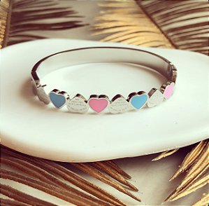 Pulseira Aro com Coração Rosa e Azul Ródio Branco