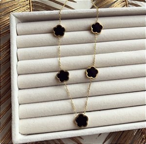 Gargantilha Inspired Flores Preta Dourado