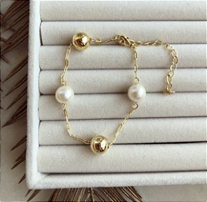 Pulseira Pérola e Esferas Dourado