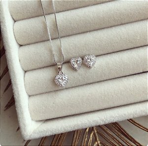 Conjunto Coração Pequeno com Micro Zircônias Diamond Ródio Branco