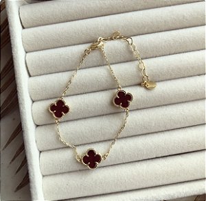 Pulseira Tripla Flor Inspired Rubi Brilhante/Rubi Fosca Dourado