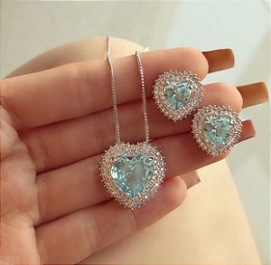 Conjunto Luxuoso Coração Mil Zircônias Diamond e Azul Claro Ródio Branco