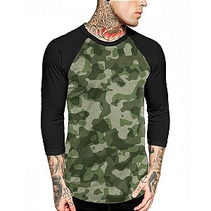 Camiseta Raglan Manga 3/4 Vista Rock Camuflado Verde