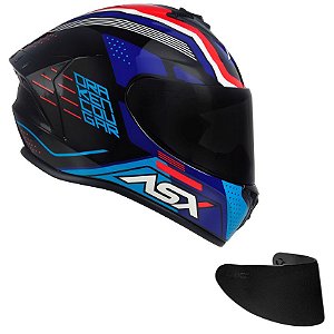 Combo Capacete Asx Draken Cougar Brilho Preto/ Azul/Vermelho