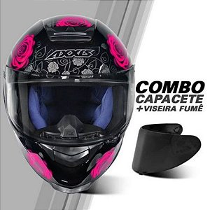 COMBO - Capacete Axxis Eagle Evo Flowers Gloss Black Pink + Viseira Fume