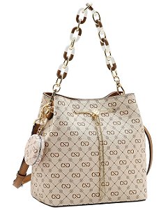 Bolsa Tipo Bucket Monograma Elegance - Alça de Mão - Chenson 3485501 - Bege