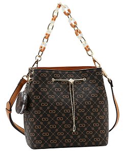 Bolsa Tipo Bucket Monograma Elegance - Alça de Mão - Chenson 3485501 - Café