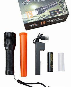 Lanterna Tática Militar T9 - com sinalizador - Corpo em alumínio