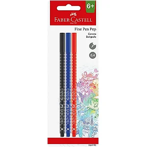 Caneta Fine Pen Pop 0.4MM Azul, Preta e Vermelha  Faber-Castell- Blister com 3 Unidades