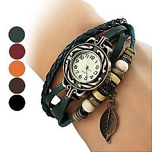das mulheres da folha de couro estilo banda de quartzo analógico pulseira de relógio (cores sortidas)