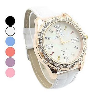 diamante mostrador branco pu banda relógio de pulso de quartzo analógico das mulheres (cores sortidas) #