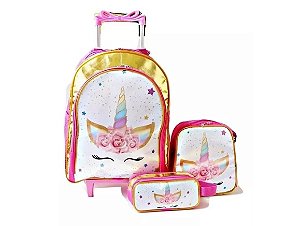 Mochila Unicornio Flores Rodinhas Lancheira Estojo Kit