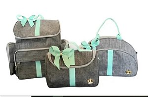 Kit 3 Bolsas Bebe Maternidade Laço Cinza / Verde Agua Mochila Luxo Alça