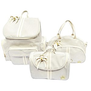 kit Maternidade Bebe Bolsa Marfin Mochila Luxo Laço 3 bolsas Bege