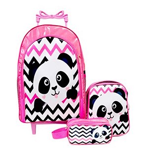 Mochila Urso Panda Rodinhas Lancheira Estojo