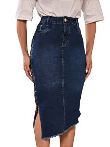 Saia Jeans Moda Evangélica Midi Zíper Lateral Ref.177