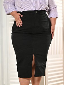 Saia Jeans Feminina Plus Size Preta Anagrom Abertura na Frente Ref.247P