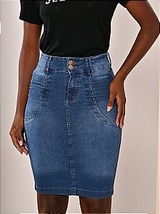 Saia Jeans Azul Detalhe Pregas Frontal e Bolsos Evangélica Anagrom Ref.092