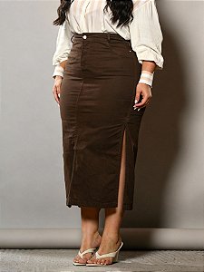 Saia Longa Marrom Plus Size Abertura Lateral Anagrom Ref.263P