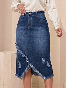 Saia Jeans Midi 100% Algodão com Barra Desfiada Anagrom Ref.268