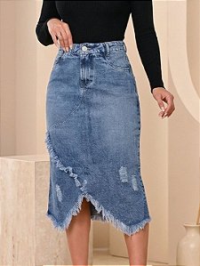 Saia Jeans Evangélica Midi 100% Algodão Desfiada Azul Claro Anagrom Ref.269