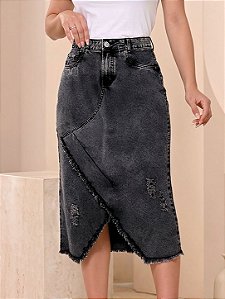 Saia Jeans Evangélica Midi 100% Algodão Desfiada Preta Anagrom Ref.270