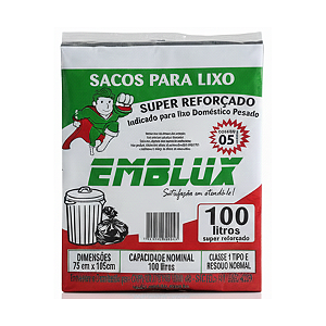 Saco para Lixo Reforçado Emblux - 100 Litros Preto 5 Unidades