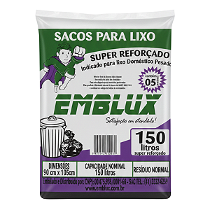 Saco para Lixo Reforçado Emblux - 150 Litros Preto 5 Unidades